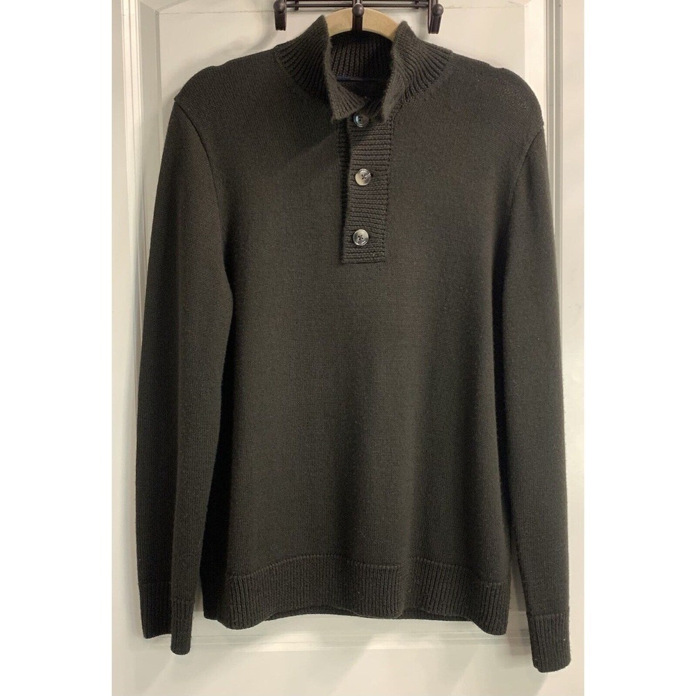 Tahari Wool Blend Brown Quarter Button Up Knit Sweater Sz M Mens High Neck
